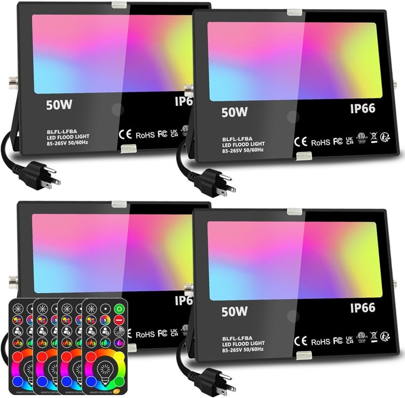 MELPO ضوء الفيضانات LED بقوة 500 واط مكافئ، أضواء خارجية ملونة RGBW مع جهاز تحكم عن بعد، 50 واط، 5000 مل 2700 ك، 120 لون، توقيت، قابل للتعتيم، أوضاع مخصصة، إضاءة المناظر الطبيعية (4 عبوات) - Image 1
